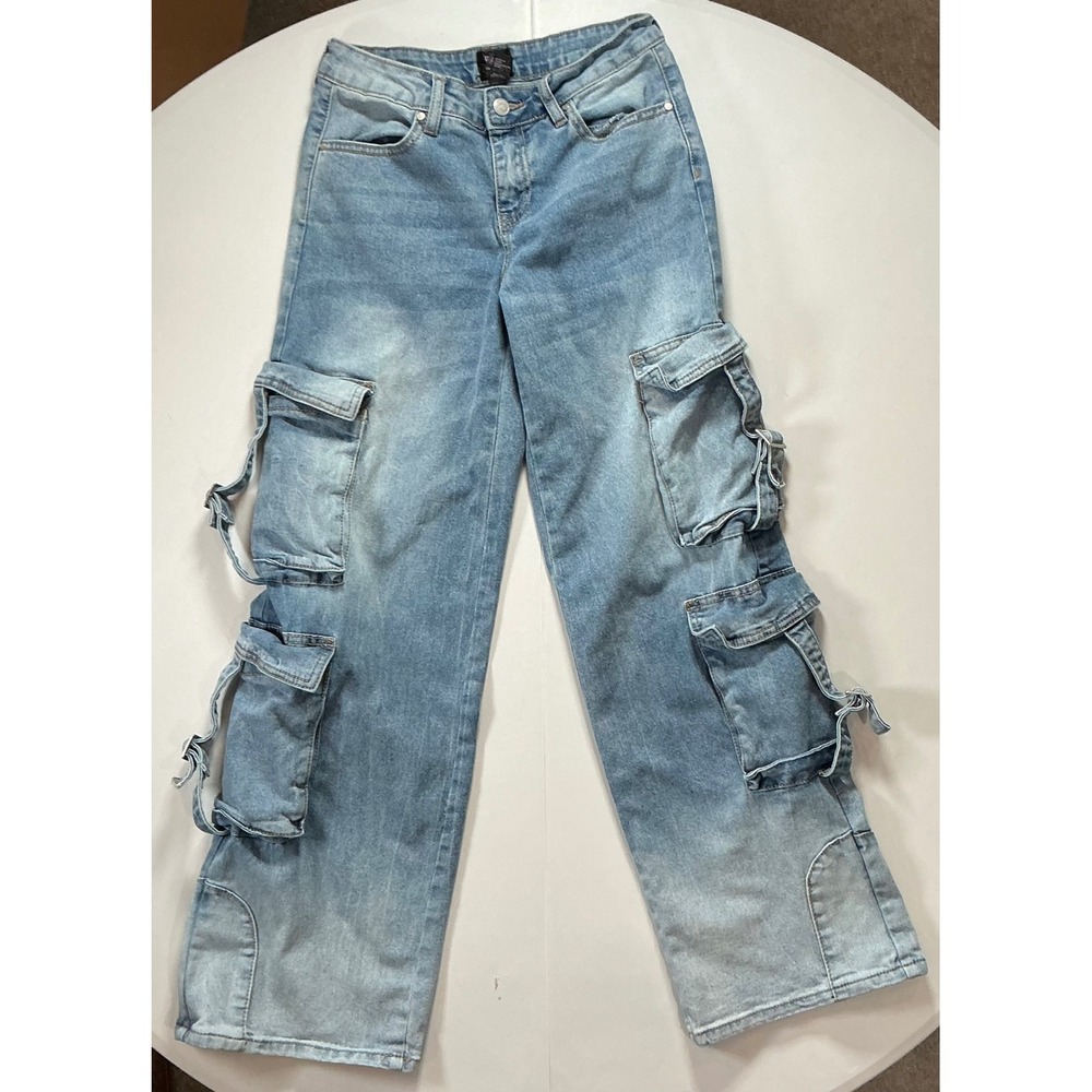 Y2K Bratz Forever 21 Skater Cargo Jeans Women 24" Wide Leg Embroidered Low Rise